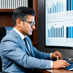 A highly skilled labor law professional, adult, fully clothed in a modest business suit, seated at an ergonomic desk in a modern, well-lit office. The professional is intently focused on a large, transparent digital display, which visualizes complex labor law data analytics and AI-driven insights. In the background, sleek bookshelves hold a blend of traditional legal texts and contemporary tech magazines. The overall atmosphere is forward-thinking and sophisticated, emphasizing the integration of technology in legal practice. Professional photography, high detail, realistic, cinematic lighting. safe for work, appropriate content, fully clothed, professional dress, perfect anatomy, correct proportions, natural pose, well-formed hands, proper finger count, natural body proportions.