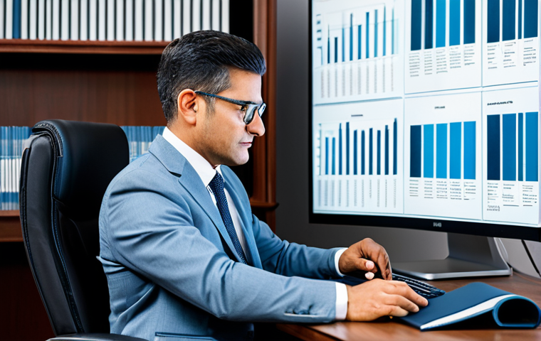 A highly skilled labor law professional, adult, fully clothed in a modest business suit, seated at an ergonomic desk in a modern, well-lit office. The professional is intently focused on a large, transparent digital display, which visualizes complex labor law data analytics and AI-driven insights. In the background, sleek bookshelves hold a blend of traditional legal texts and contemporary tech magazines. The overall atmosphere is forward-thinking and sophisticated, emphasizing the integration of technology in legal practice. Professional photography, high detail, realistic, cinematic lighting. safe for work, appropriate content, fully clothed, professional dress, perfect anatomy, correct proportions, natural pose, well-formed hands, proper finger count, natural body proportions.