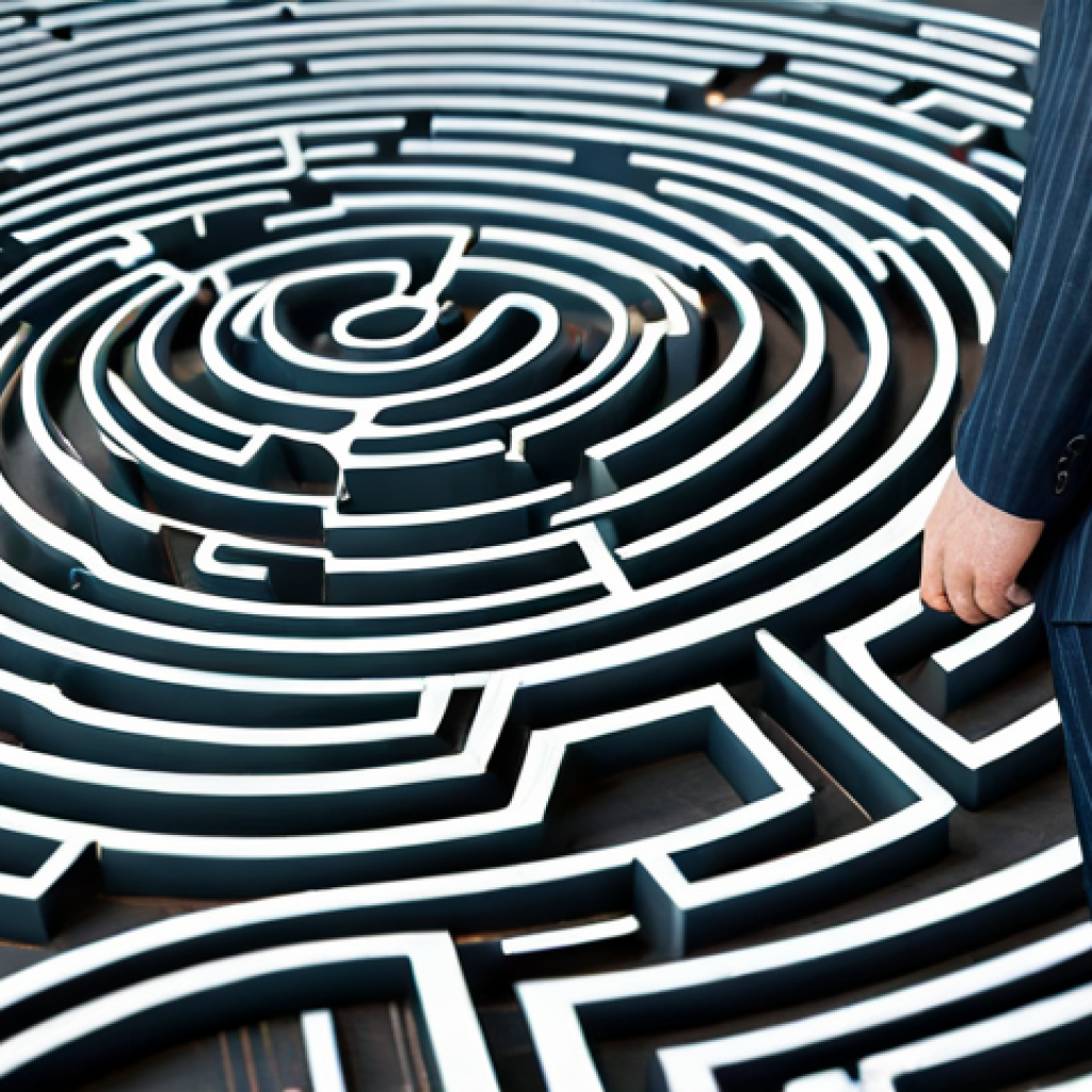A professional, poised individual, fully clothed in a modest business suit, navigating a conceptual labyrinth formed by abstract digital lines and subtle office elements, symbolizing the complexities of modern telework. The individual's expression is focused and determined. The background is a clean, contemporary workspace with soft, diffused lighting. perfect anatomy, correct proportions, natural pose, well-formed hands, proper finger count, natural body proportions, professional photography, high quality, safe for work, appropriate content, family-friendly.
