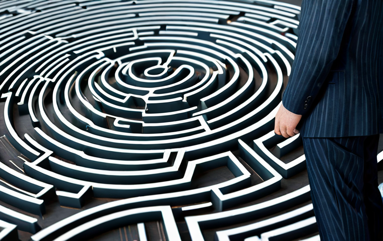 A professional, poised individual, fully clothed in a modest business suit, navigating a conceptual labyrinth formed by abstract digital lines and subtle office elements, symbolizing the complexities of modern telework. The individual's expression is focused and determined. The background is a clean, contemporary workspace with soft, diffused lighting. perfect anatomy, correct proportions, natural pose, well-formed hands, proper finger count, natural body proportions, professional photography, high quality, safe for work, appropriate content, family-friendly.