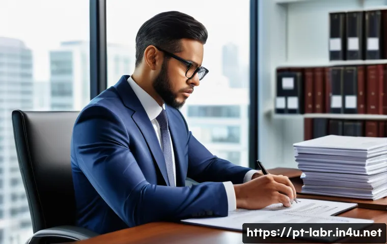 노무사로서의 커리어 빌딩 - A modern corporate office scene featuring a diverse human resources professional thoughtfully review...