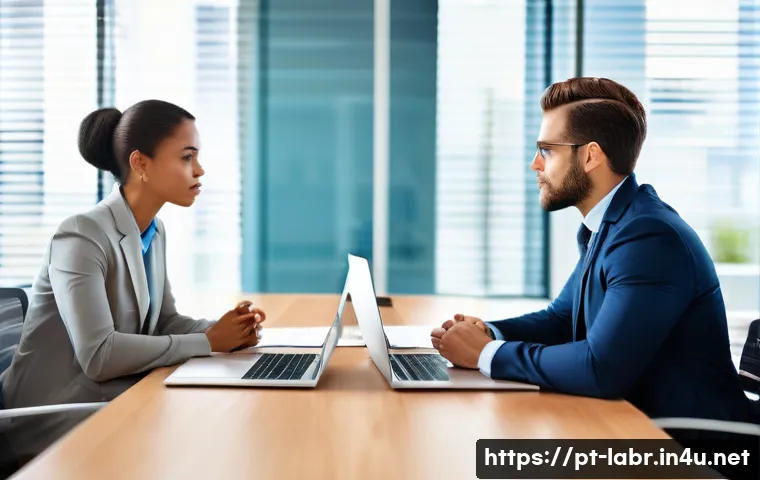 노무사 업무의 하루 루틴 - A modern corporate office scene showing a diverse group of professionals engaged in a conflict media...