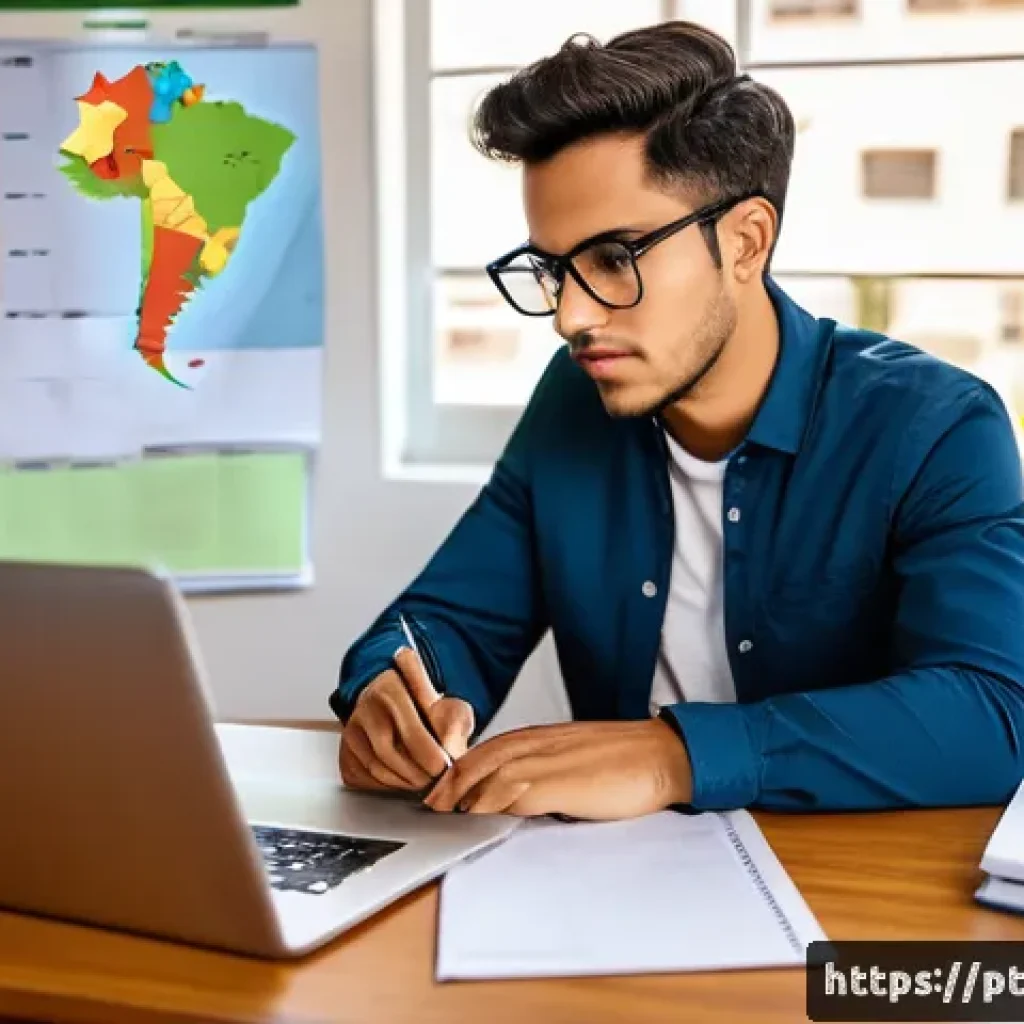 노무사 2차 실무 시험 준비 - A focused young Brazilian professional studying labor law at a tidy home office desk, surrounded by ...
