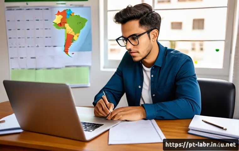 노무사 2차 실무 시험 준비 - A focused young Brazilian professional studying labor law at a tidy home office desk, surrounded by ...