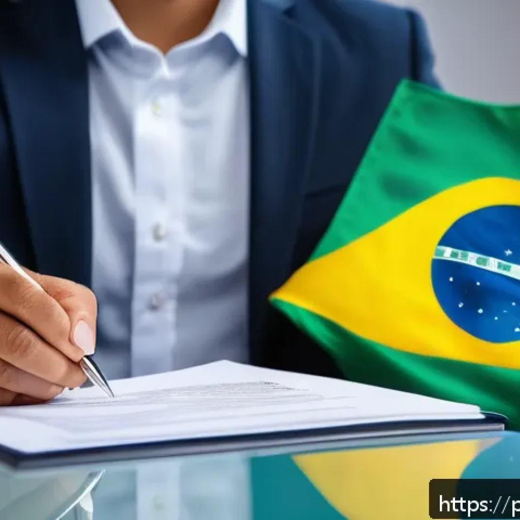 근로계약서 작성 시 주의사항 - A professional office scene showing a diverse Brazilian employer and employee sitting across a desk,...