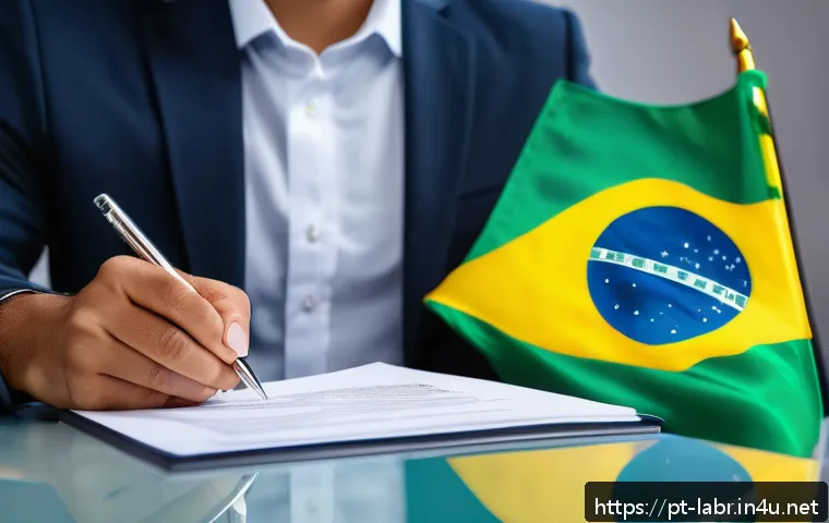 근로계약서 작성 시 주의사항 - A professional office scene showing a diverse Brazilian employer and employee sitting across a desk,...