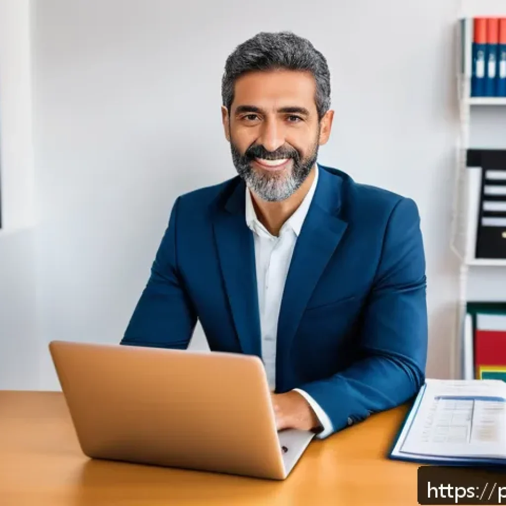 공인노무사로서의 성장 비결 - A professional Portuguese labor consultant in a modern office setting, reviewing updated labor law d...