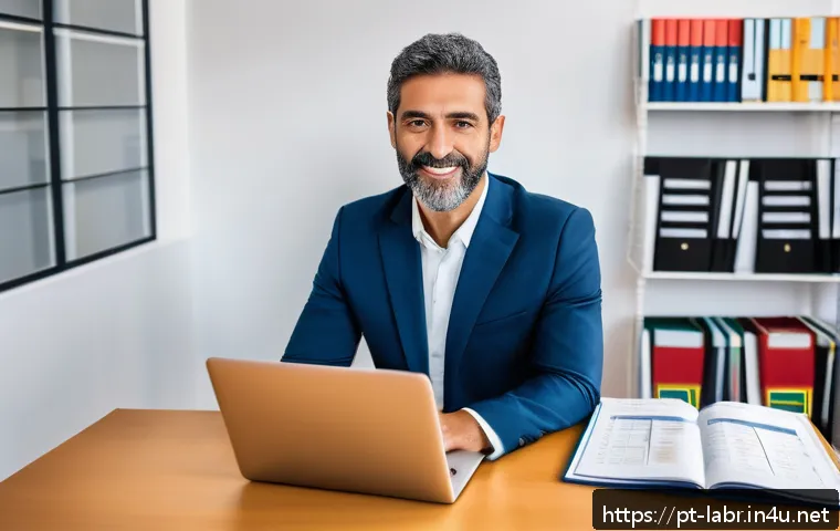 공인노무사로서의 성장 비결 - A professional Portuguese labor consultant in a modern office setting, reviewing updated labor law d...