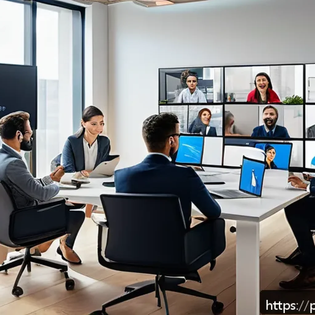 공인노무사와 관련된 산업 동향 - A modern corporate office scene showing a diverse group of professionals engaged in a remote work me...