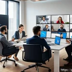 공인노무사와 관련된 산업 동향 - A modern corporate office scene showing a diverse group of professionals engaged in a remote work me...