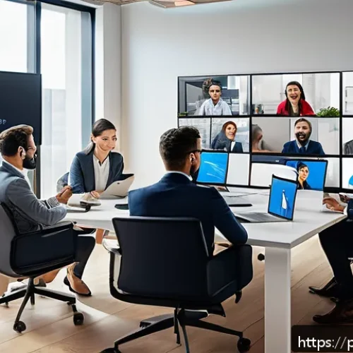 공인노무사와 관련된 산업 동향 - A modern corporate office scene showing a diverse group of professionals engaged in a remote work me...