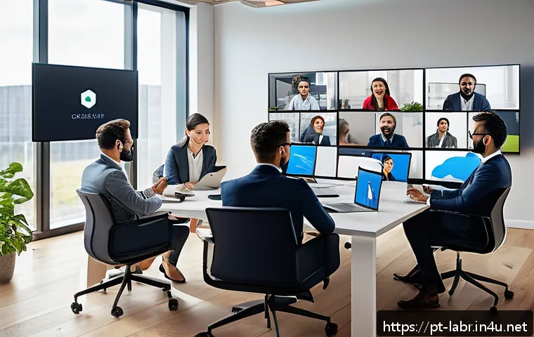 공인노무사와 관련된 산업 동향 - A modern corporate office scene showing a diverse group of professionals engaged in a remote work me...